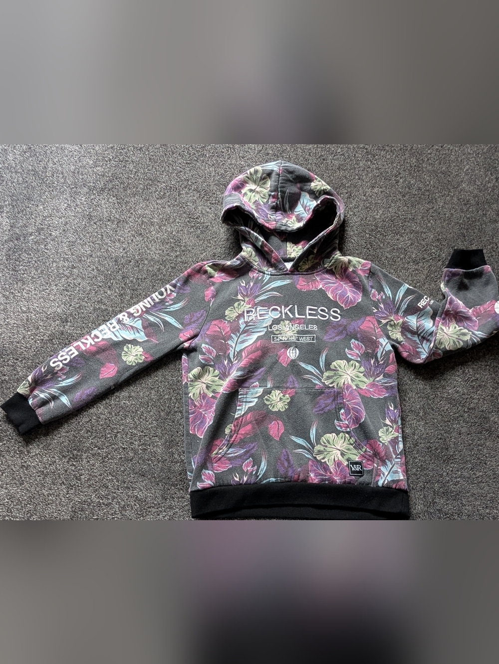 Young & Reckless Floral Hooded Pullover in Charcoal, Purple & Teal
